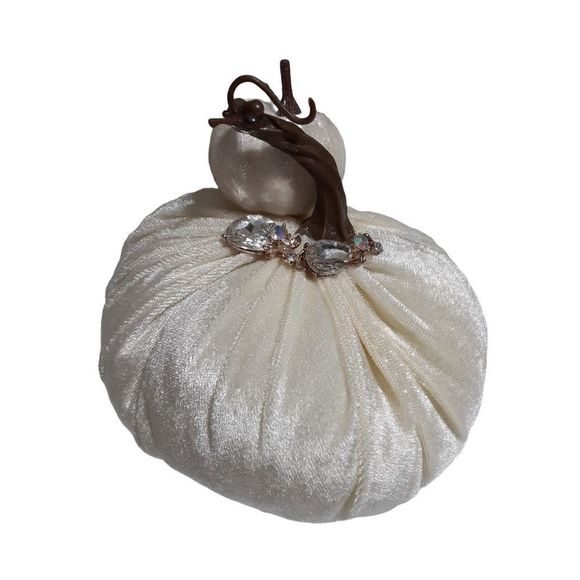 Ivory velvet cloth stuffed Pumpkin Decoration for Autumn/ Fall 7×6in. - Picture 3 of 4